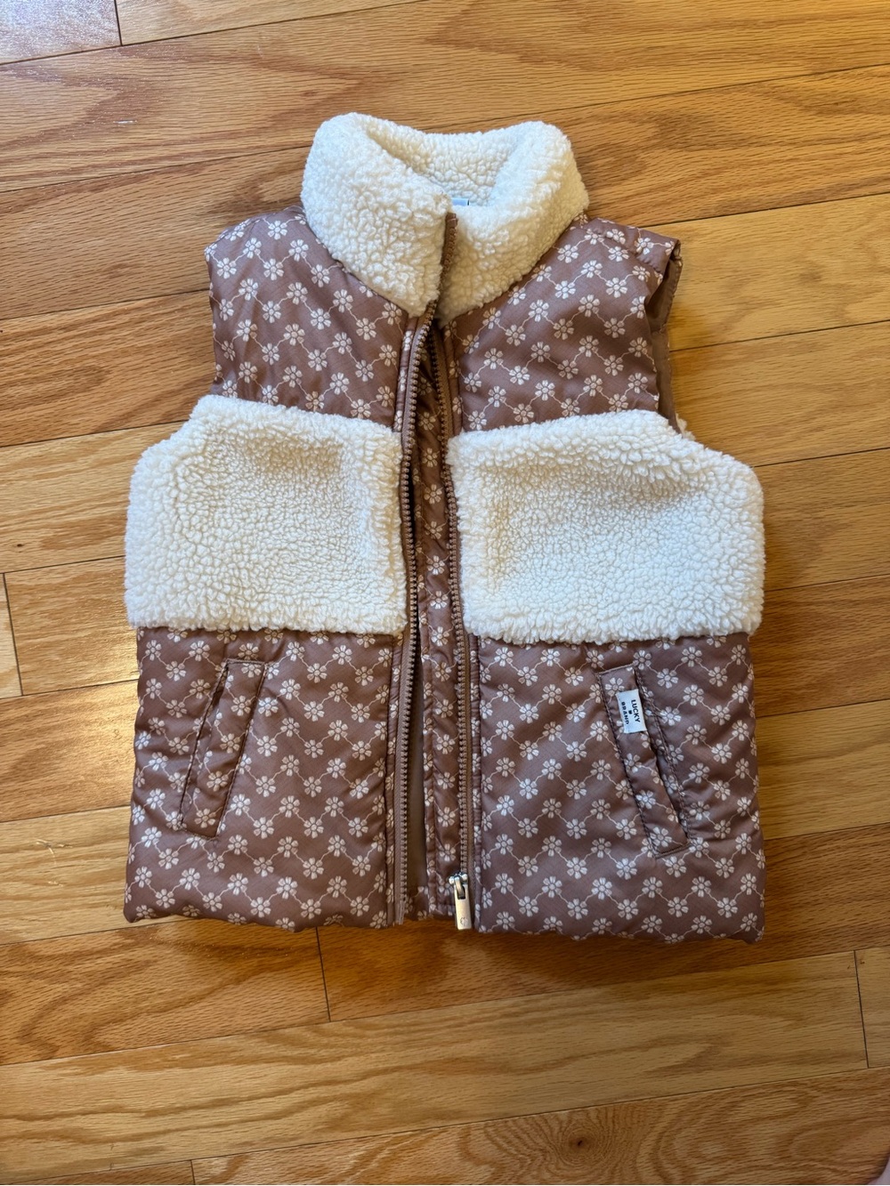Girls Lucky Brand 4T Sherpa Trim Quilted Floral Vest - Brown & Cream